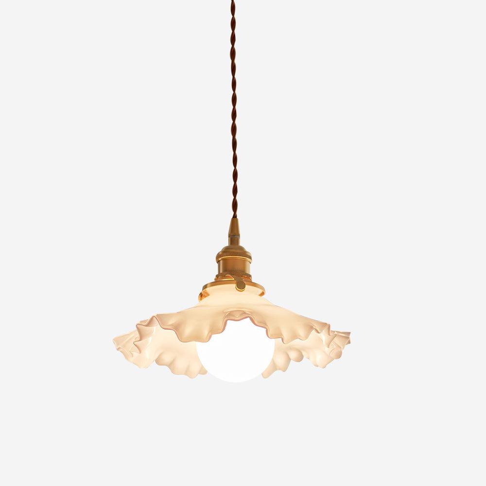 Glass Ruffle Shade Brass Pendant Lamp With Warm Glow